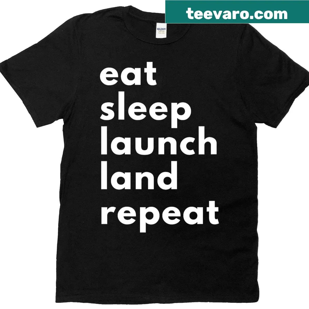 Funny astronaut T-shirt with the phrase 'Eat Sleep Launch Land Repeat' — on a men's t-shirt