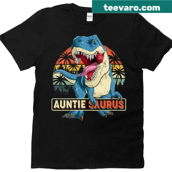 V-neck t-shirt for Auntie featuring playful dinosaur graphics for Mother's Day