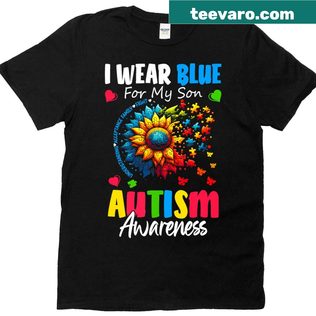 T-shirt with a sunflower and the phrase promoting autism awareness for moms — on a men's t-shirt