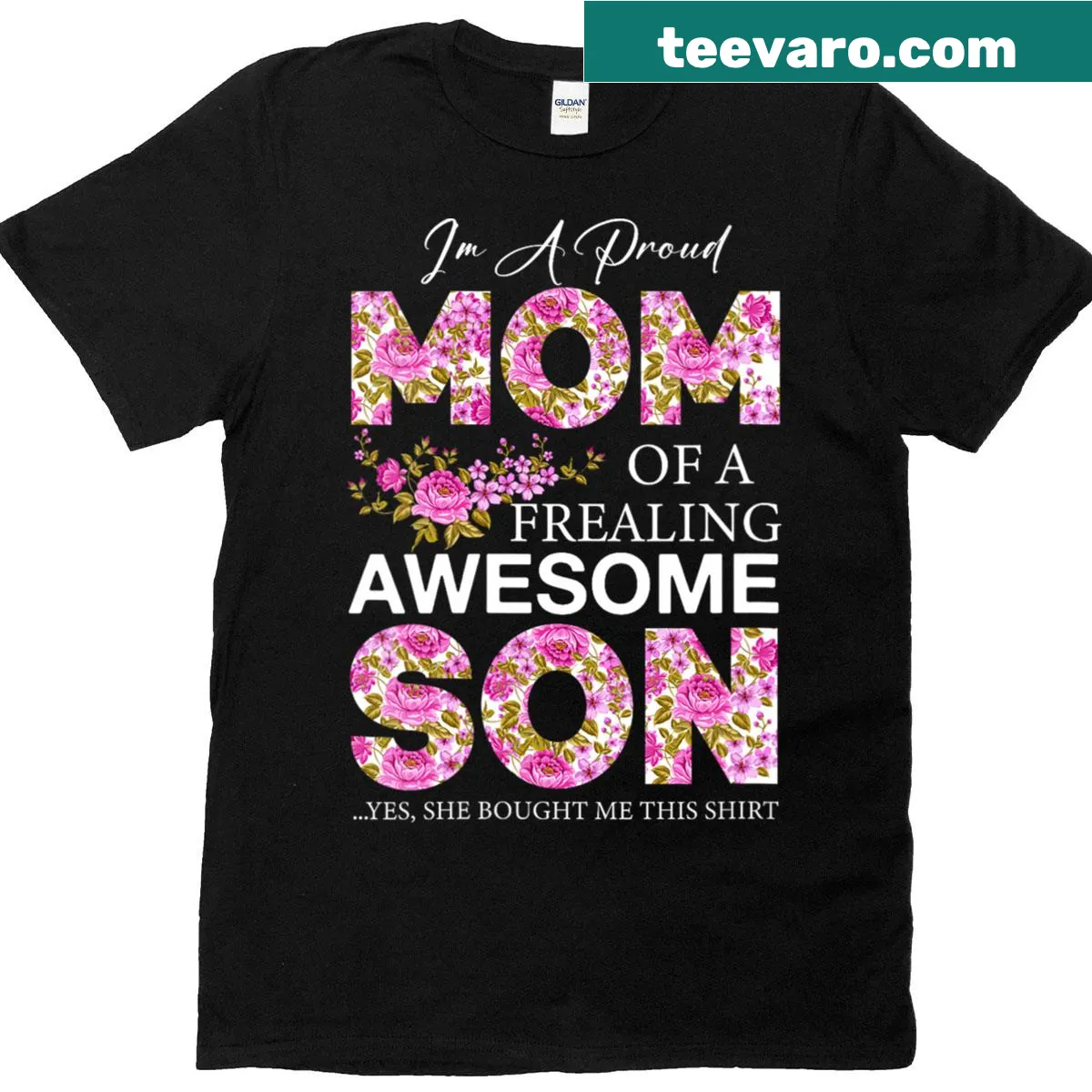 Floral-themed V-neck T-shirt celebrating motherhood with the phrase 'Awesome Freaking Proud I'm Mom' — on a men's t-shirt