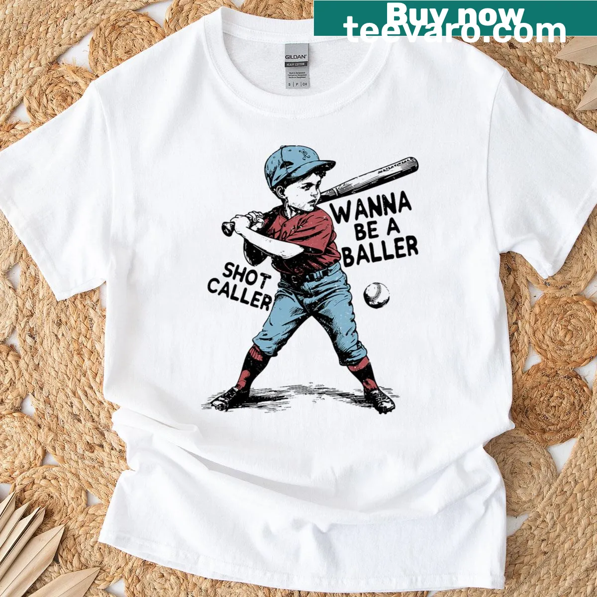 Retro-style T-shirt with humorous 'Baller Shot Caller Wanna' slogan — on a men's t-shirt