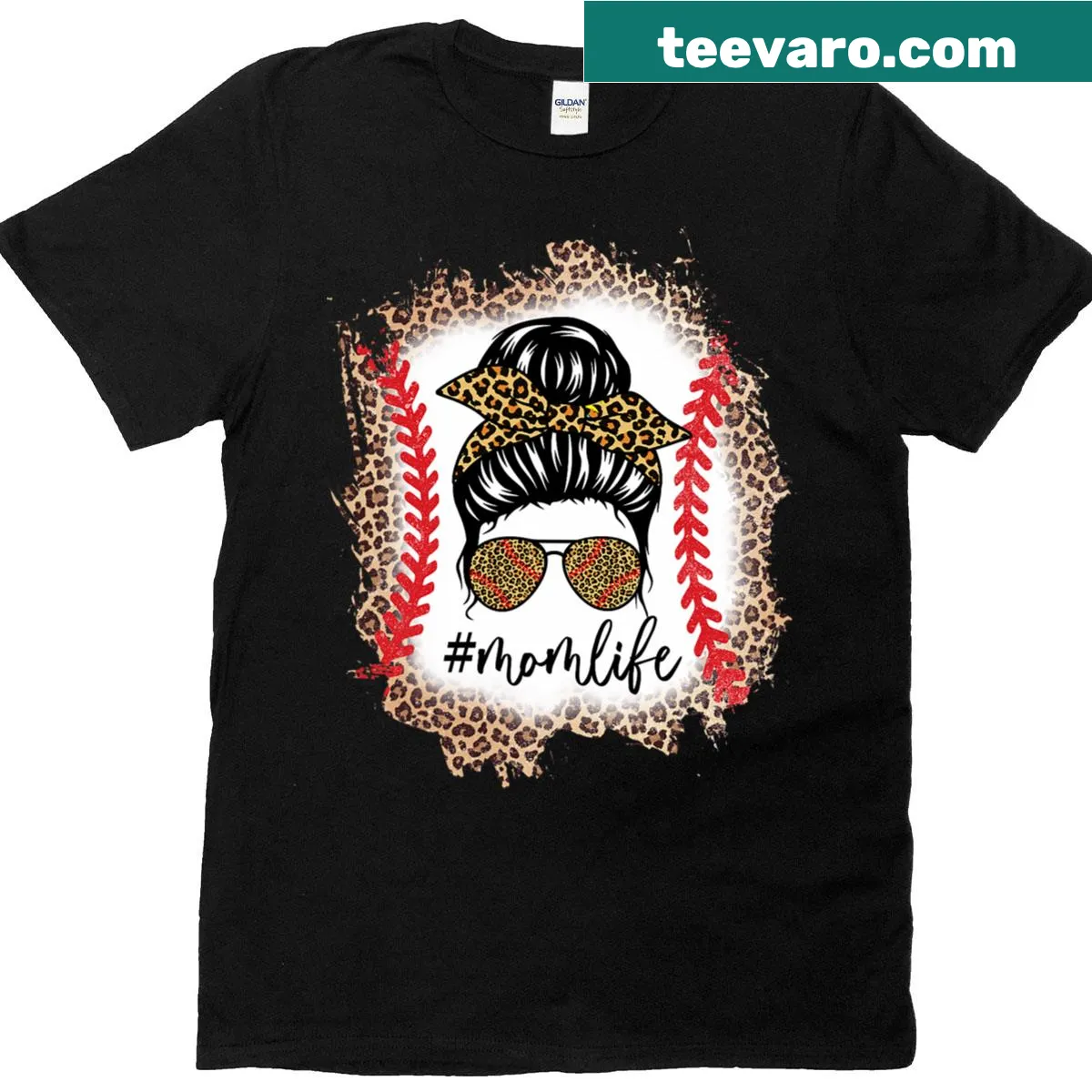 Baseball mom T-shirt with leopard bun graphic and fun design — on a men's t-shirt