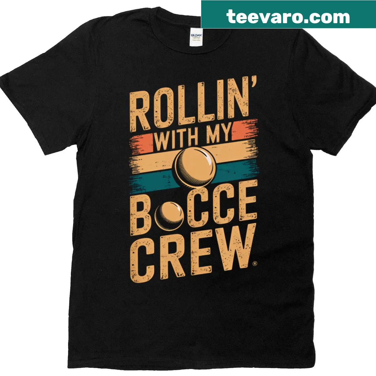 Funny bocce ball t-shirt featuring phrase Bocce Rollin My Crew — on a men's t-shirt