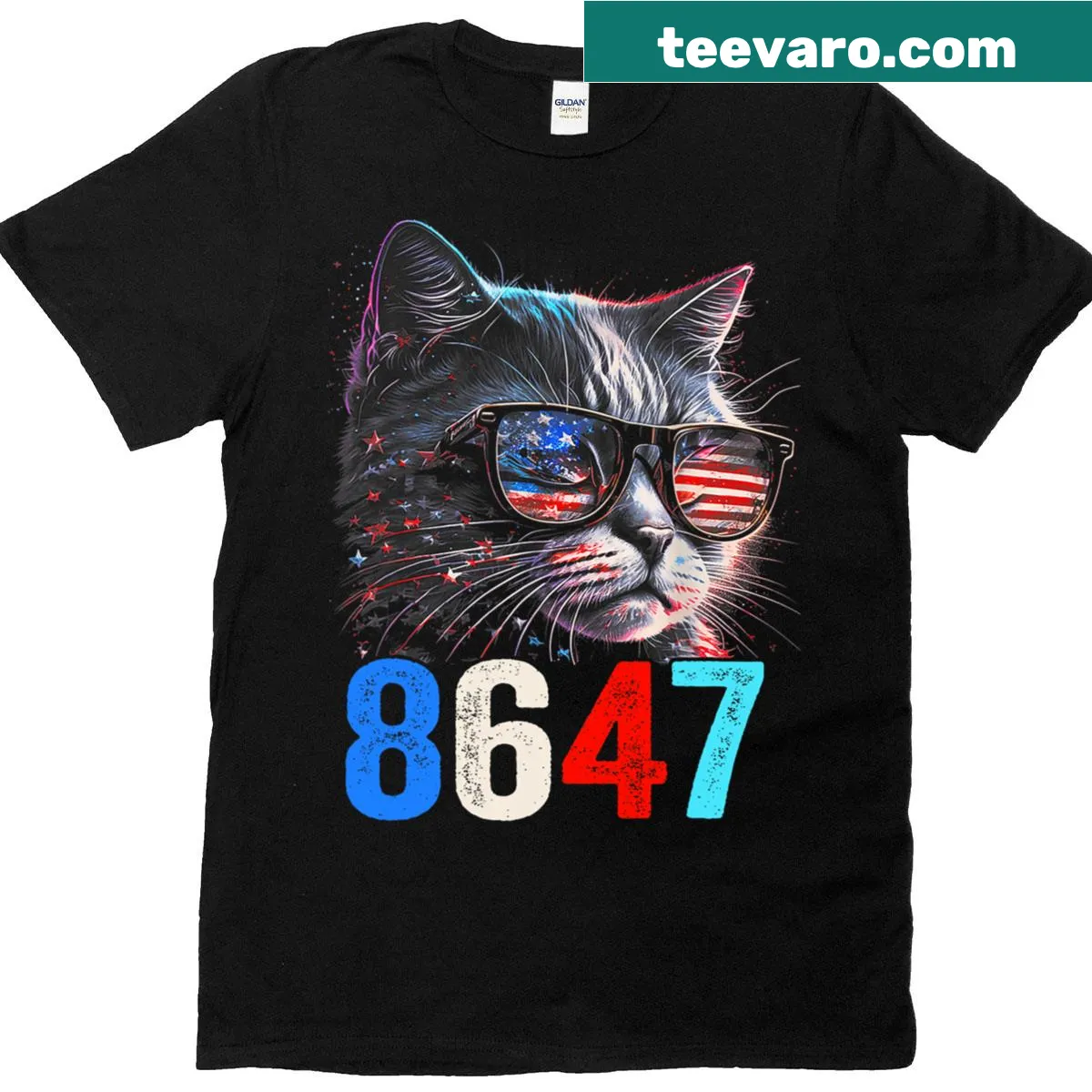 Retro T-shirt with cat-themed graphics and vintage text — on a men's t-shirt