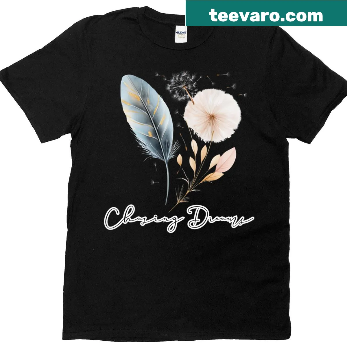 Boho design featuring feathers and dandelions on a t-shirt — on a men's t-shirt