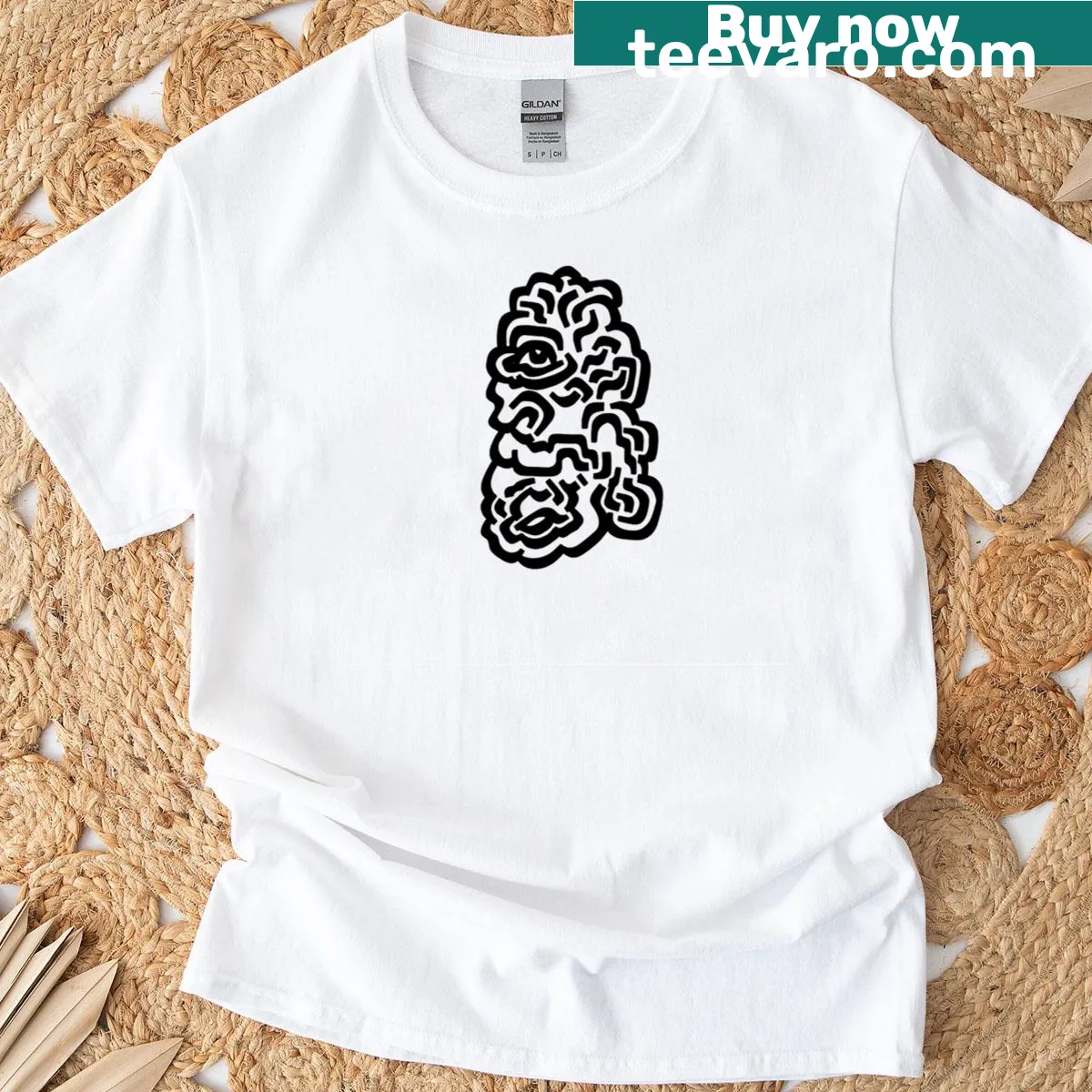 Minimalist T-shirt featuring an abstract figure character design — on a men's t-shirt