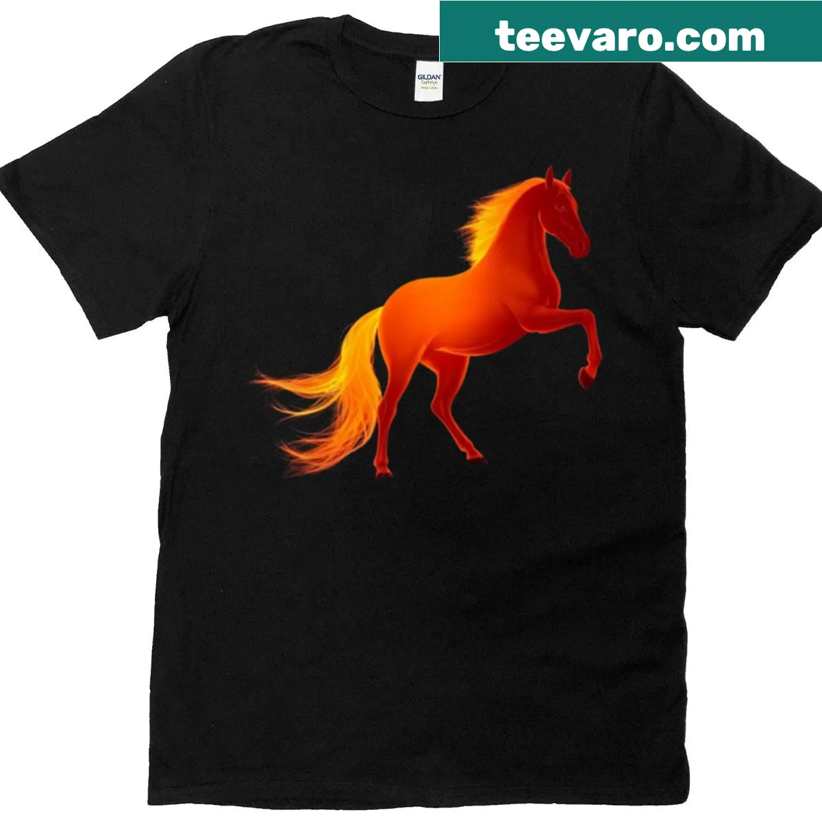 Artistic T-shirt with a drawing of a horse at sunset — on a men's t-shirt