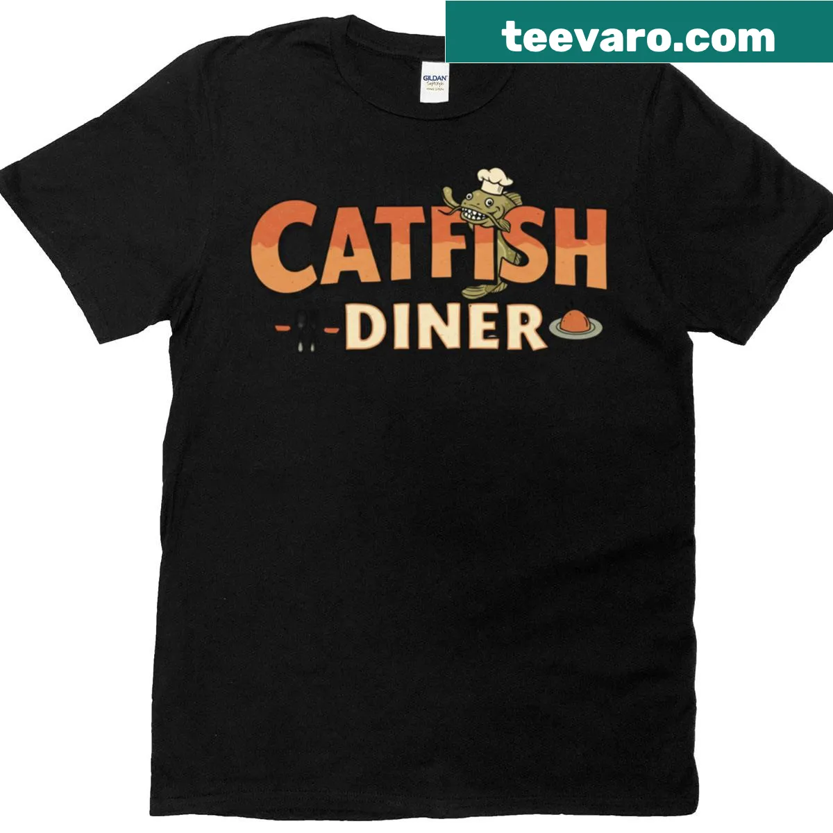 Illustrated T-shirt inspired by a classic catfish diner — on a men's t-shirt