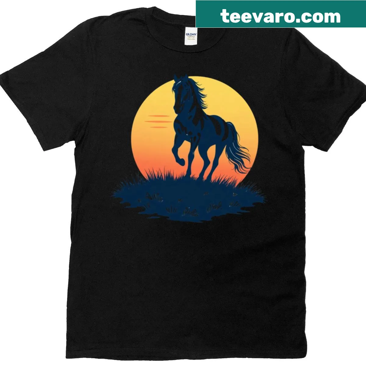 Urban horse graphic T-shirt with sunset and graffiti elements — on a men's t-shirt