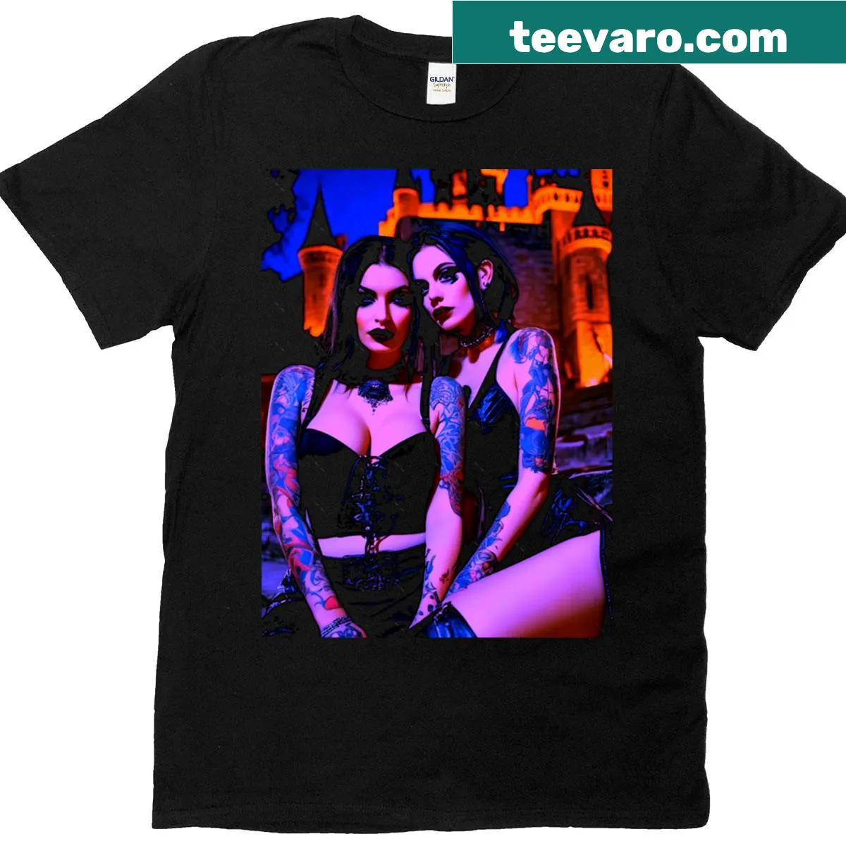 Cartoon-style t-shirt depicting goth girls at an evening gathering — on a men's t-shirt