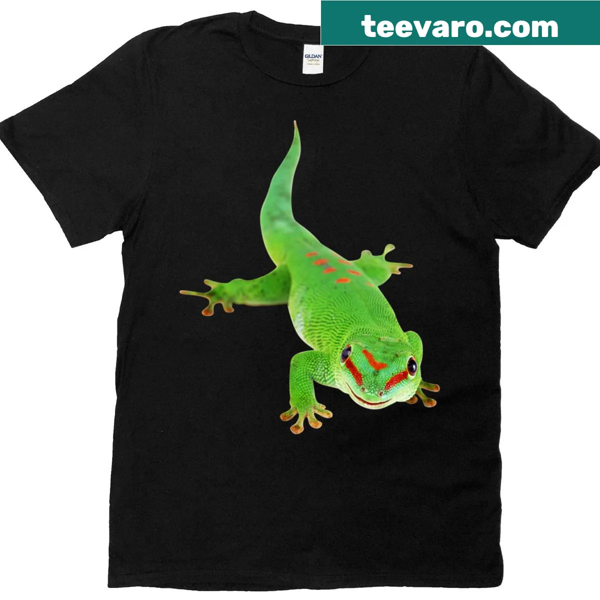 Illustrated green gecko graphic on a T-shirt — on a men's t-shirt