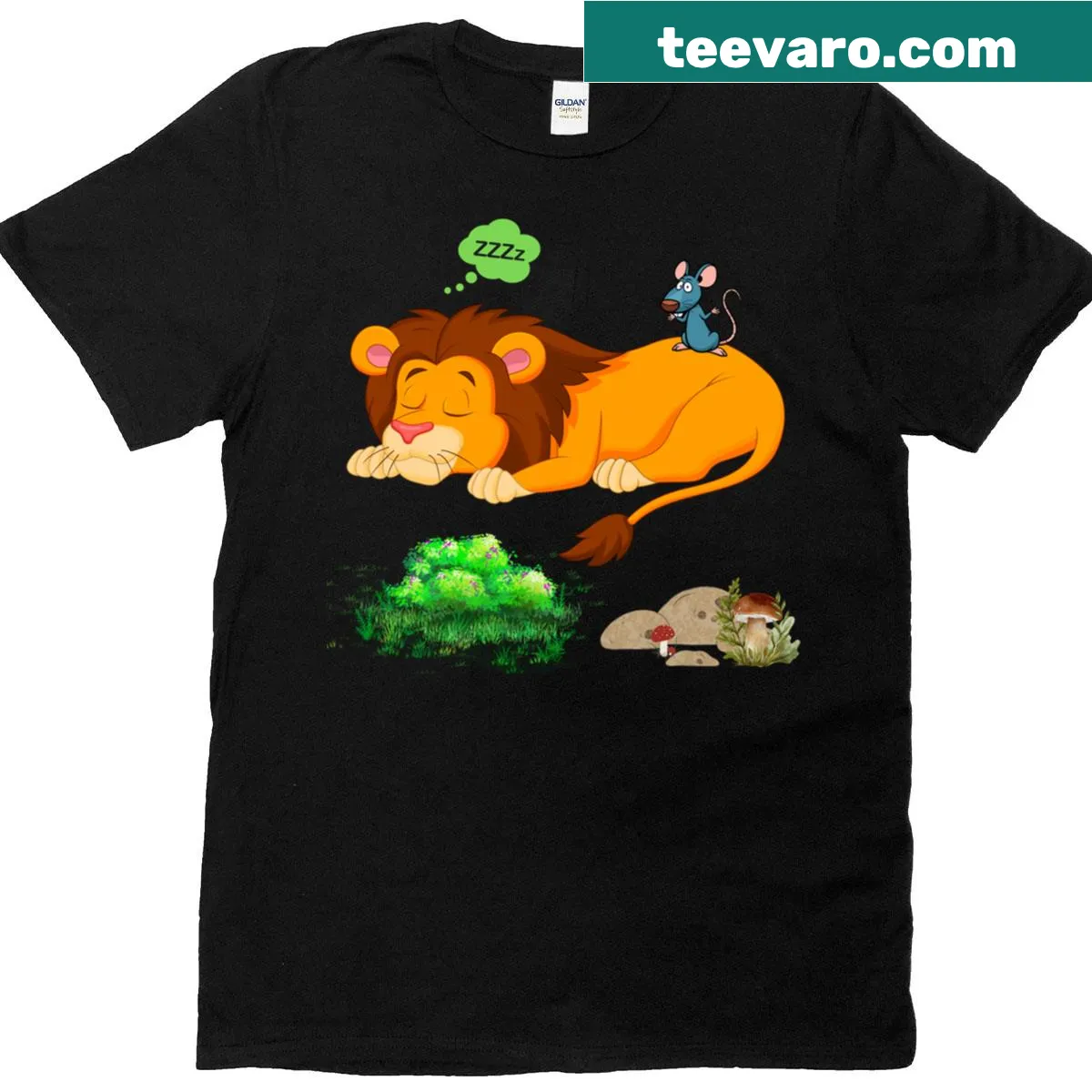 T-shirt graphic showing a sleeping lion with a mouse on its back — on a men's t-shirt