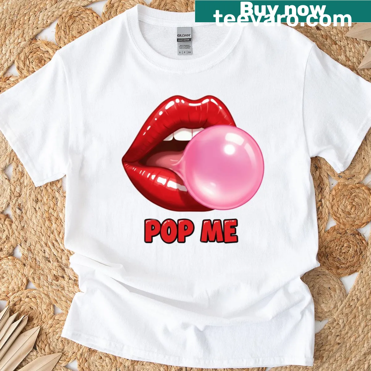 Text graphic t-shirt with the phrase 'Pop Me' prominently displayed — on a men's t-shirt