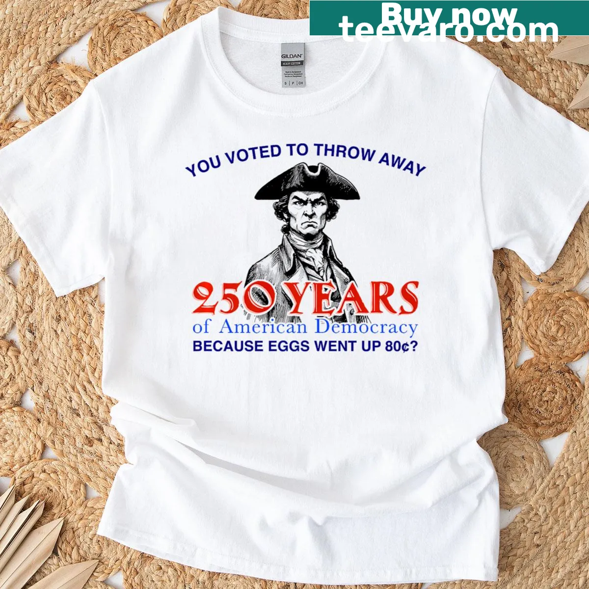 Funny T-shirt with a quirky political phrase about democracy and eggs. — on a men's t-shirt