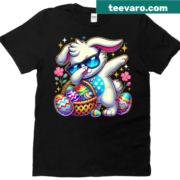 Cartoon bunny dabbing Easter-themed t-shirt for toddlers.
