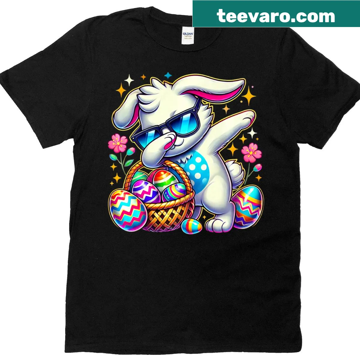 Cartoon bunny dabbing Easter-themed t-shirt for toddlers. — on a men's t-shirt