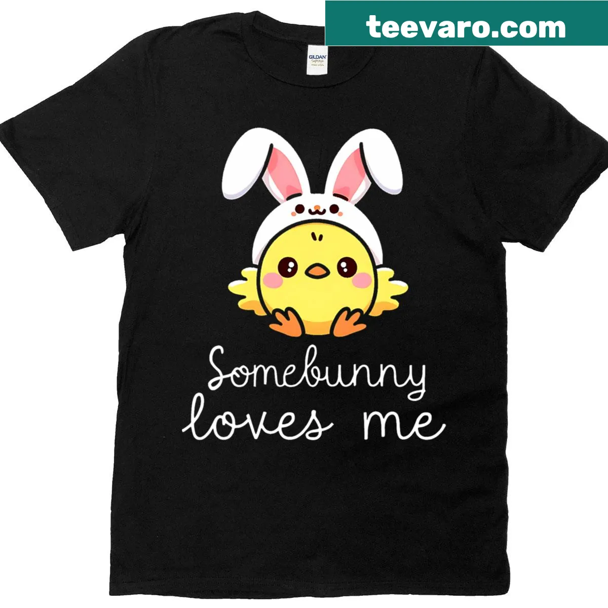 Cute Easter t-shirt with cartoon bunnies and the phrase 'Somebunny Loves Me' — on a men's t-shirt