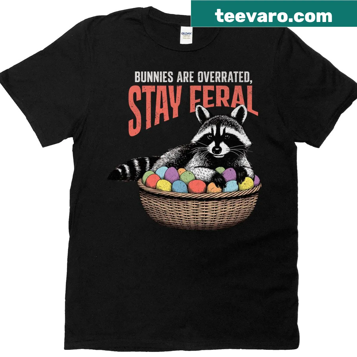 Funny retro Easter T-shirt with a raccoon and 'Bunnies Are Overrated' — on a men's t-shirt