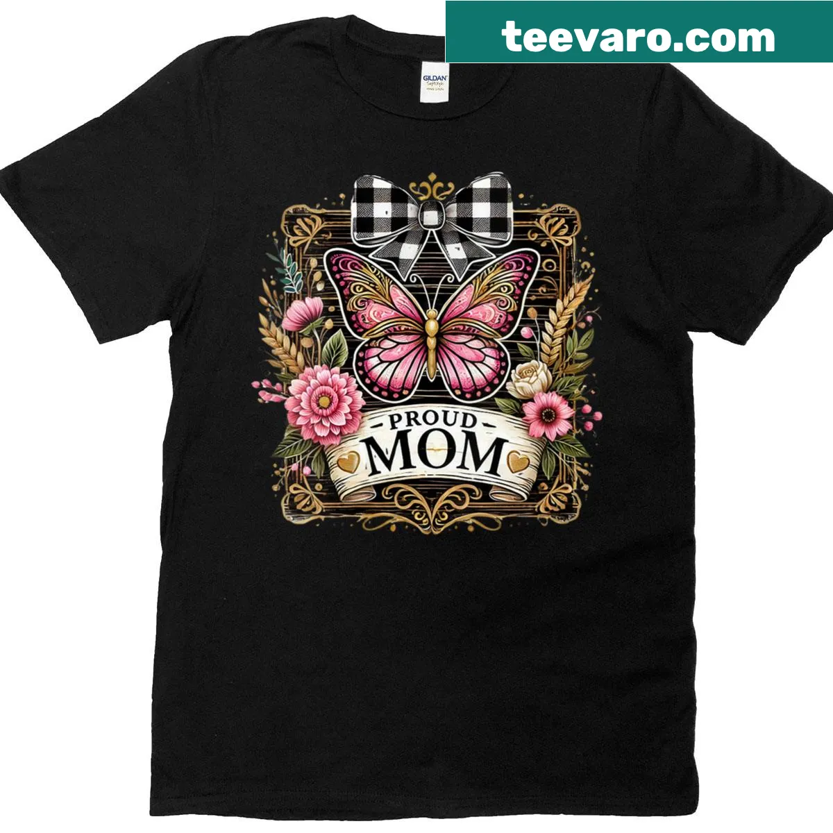 Elegant T-shirt for moms with a butterfly design and 'Proud Rustic Mom' — on a men's t-shirt