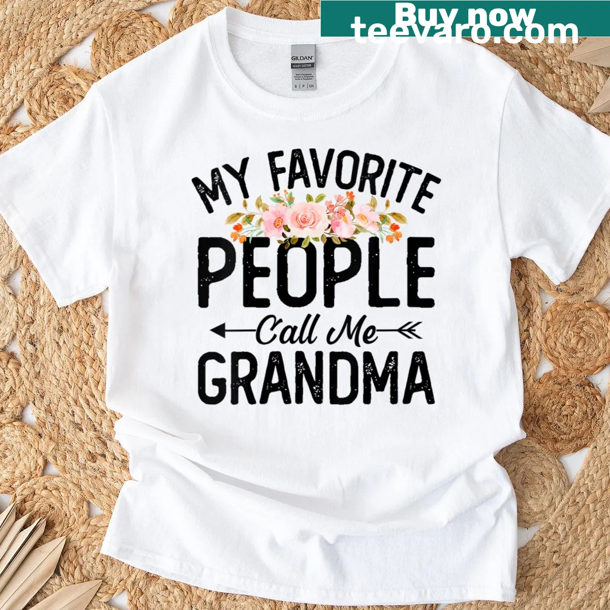V-neck T-shirt with 'Grandma, Mother's Favorite' text and floral graphics celebrating grandmothers — on a men's t-shirt