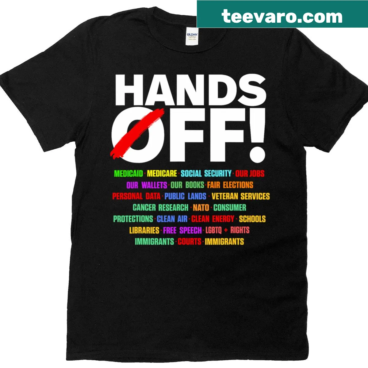 Edgy Hands Off protest t-shirt with bold text — on a men's t-shirt