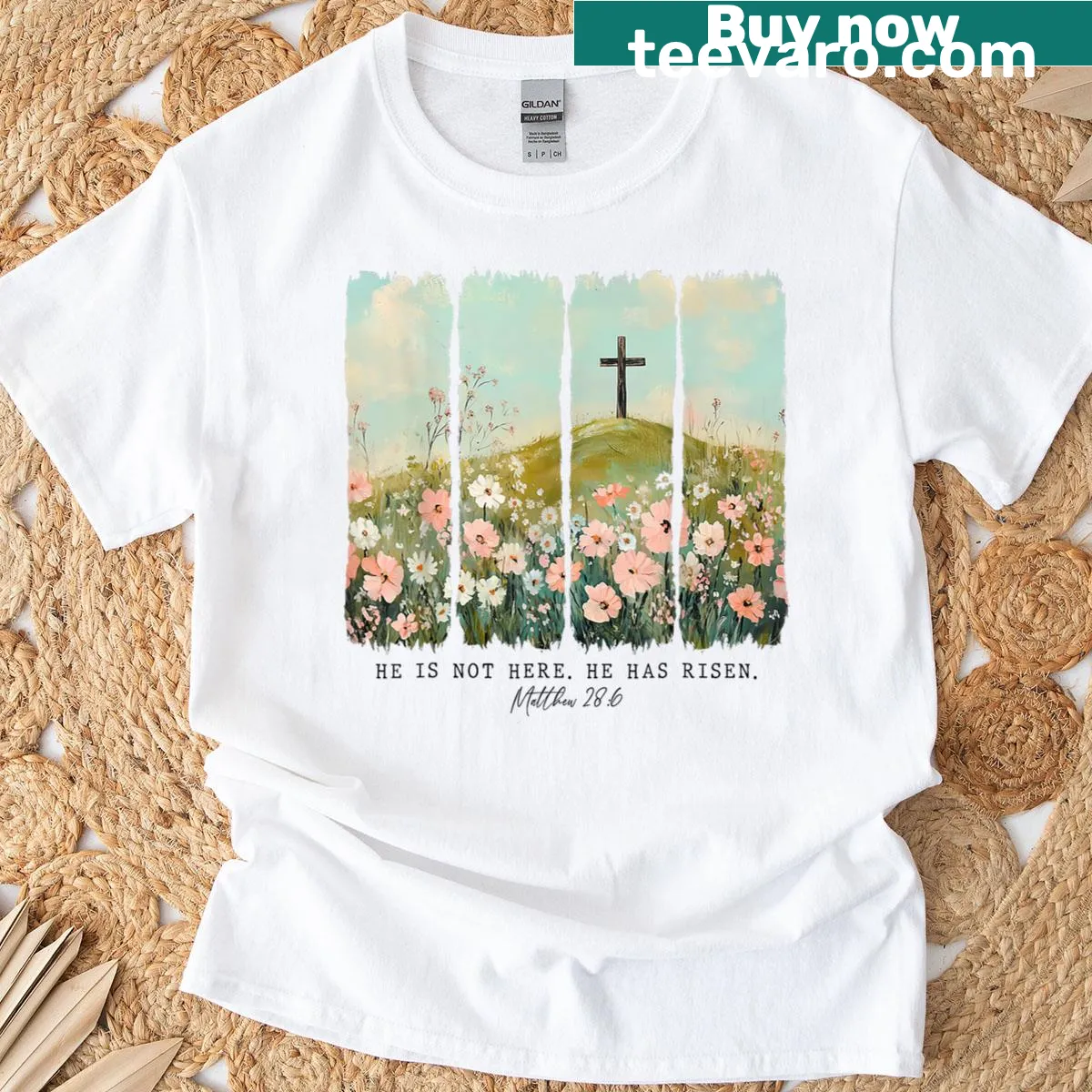 Wildflower illustration with 'He Is Risen' text T-shirt for Easter — on a men's t-shirt