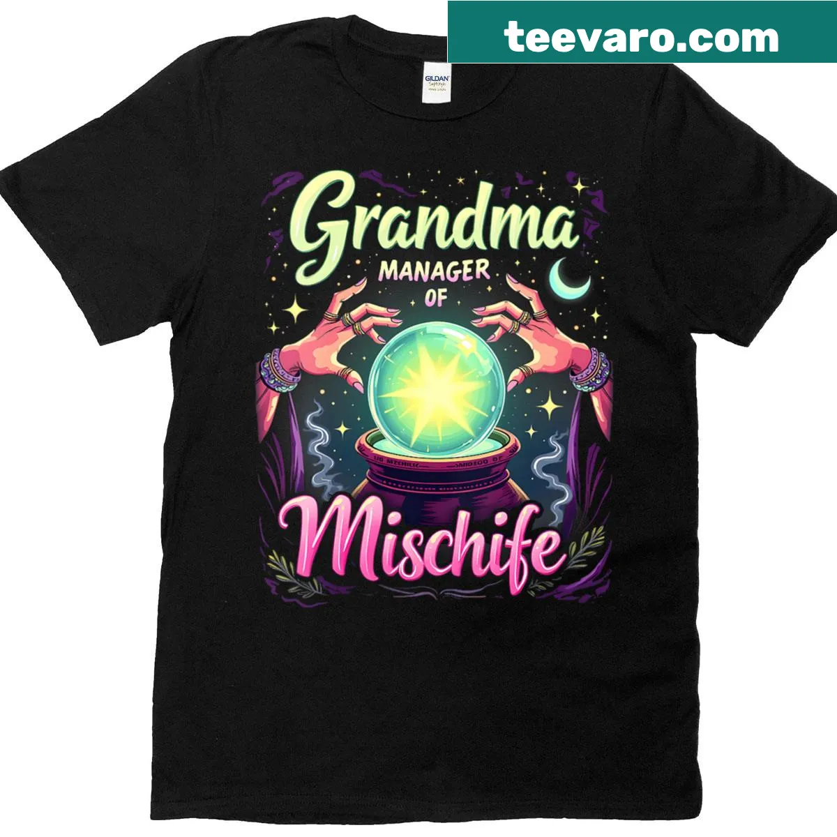 Funny V-neck T-shirt featuring mischievous grandma graphic. — on a men's t-shirt