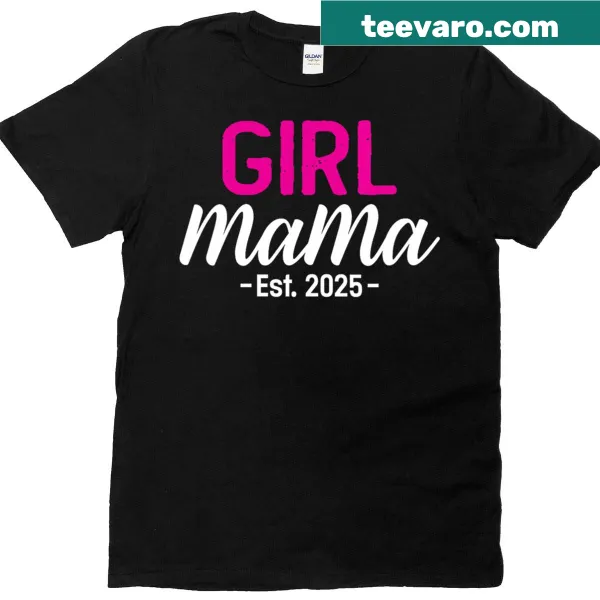 V-neck T-shirt celebrating new moms with 'Mama Est 2025' design.