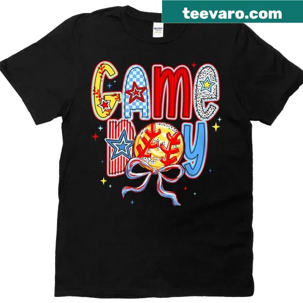Playful T-shirt with a softball graphic and coquette bow design