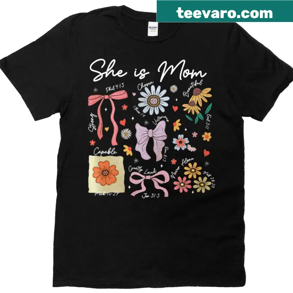 Floral Christian T-shirt with a coquette bow design for moms
