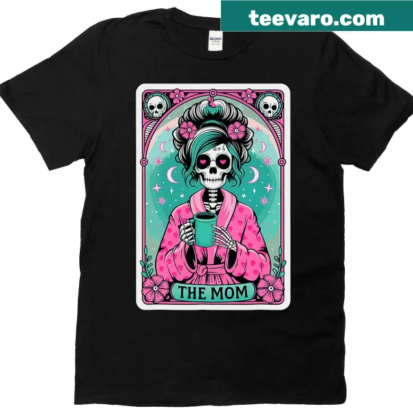 Whimsical T-shirt featuring a coffee-loving skeleton design for moms