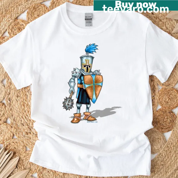 Cartoon knight illustration on a Medieval Kings t-shirt