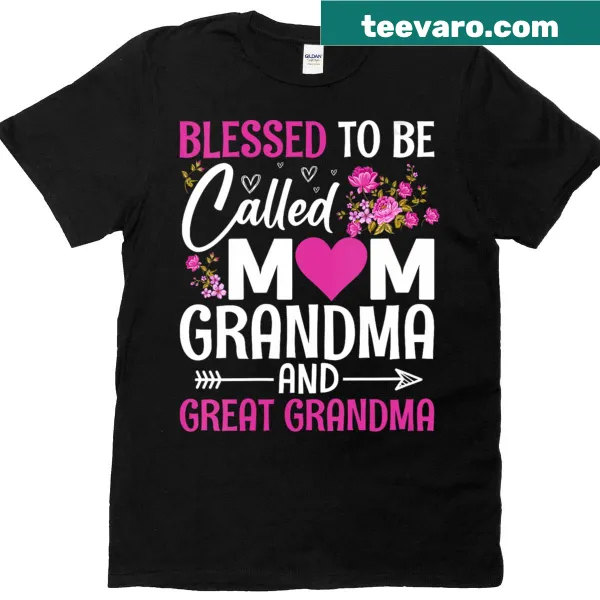 V-neck T-shirt celebrating Mom, Grandma, and Great Grandma with elegant typography