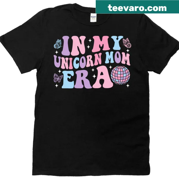 Illustrated unicorn and text 'Mama Era' on a Mother's Day t-shirt