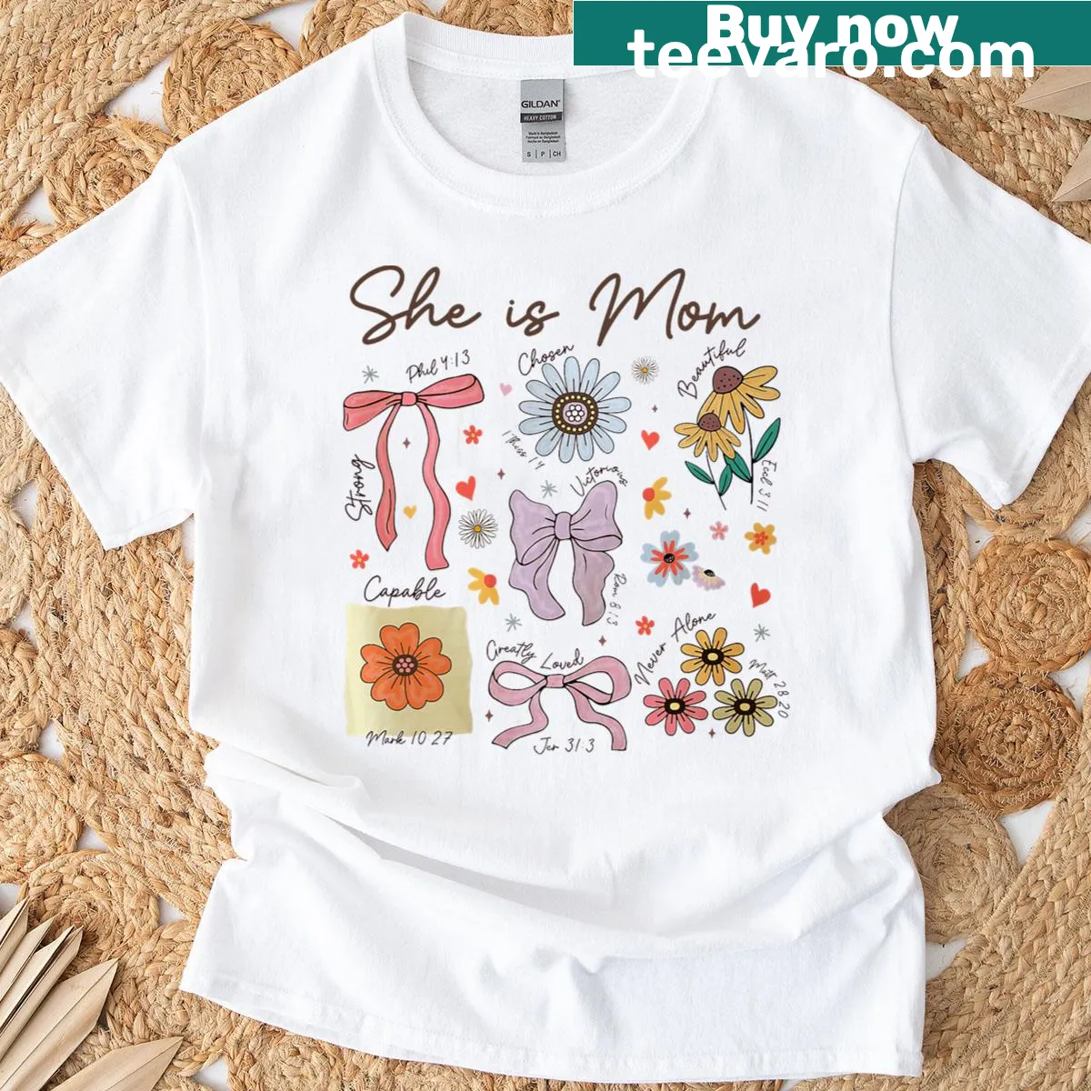 Cute illustrated t-shirt with a bow and 'She Blessed' text for moms — on a men's t-shirt