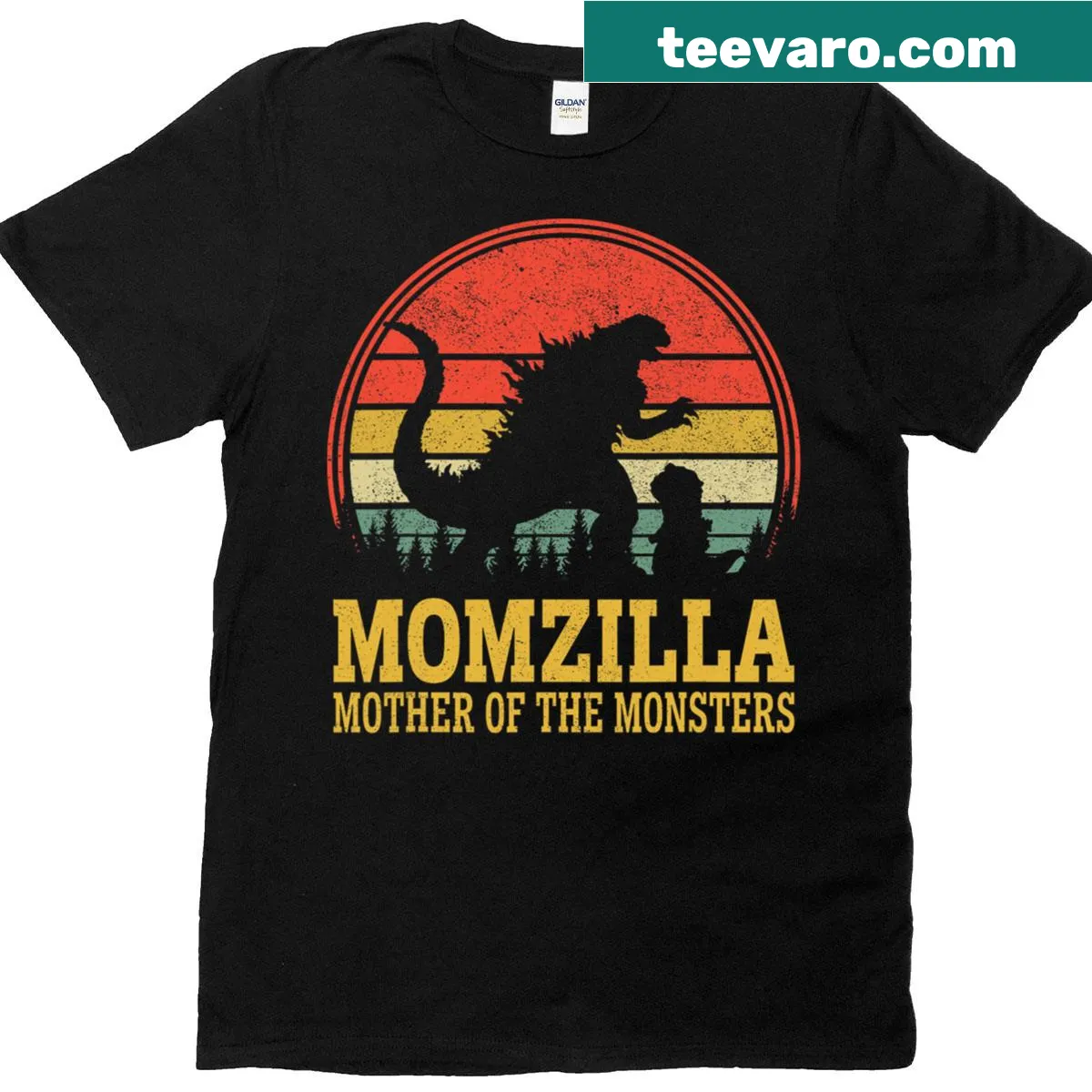 Vintage-style Momzilla T-shirt with fun monster imagery — on a men's t-shirt