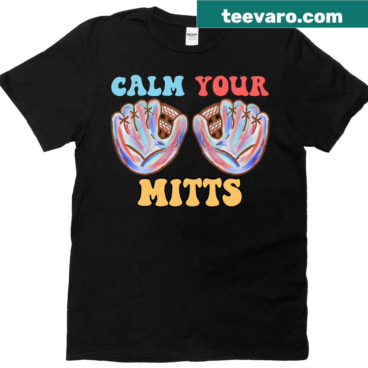 Retro baseball T-shirt for moms showcasing calming mitts design — on a men's t-shirt