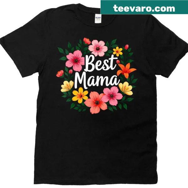 Floral design V-neck tee with 'Best Mama' text for Mother's Day