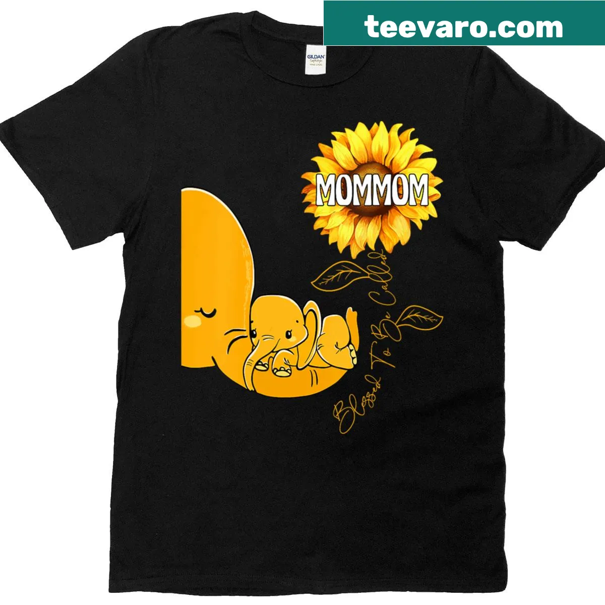 V-neck T-shirt with 'Blessed to Be Called Mommom' and sunflower elephant design. — on a men's t-shirt