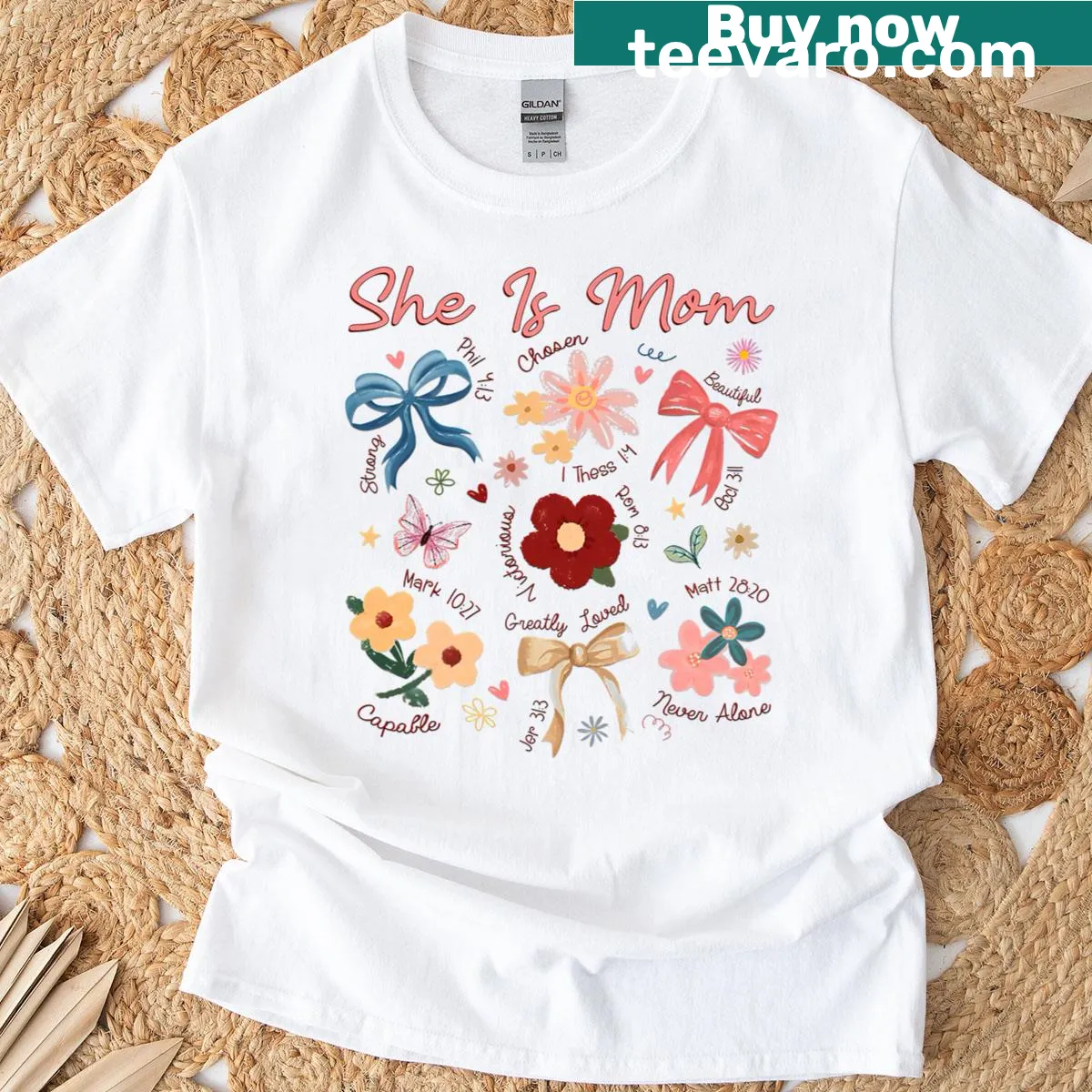 Heartfelt floral illustration t-shirt saying 'She Is Flowers Mom' — on a men's t-shirt