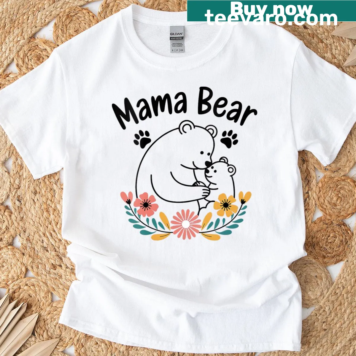 V-neck Mama Bear T-shirt with wildflowers for Mother's Day. — on a men's t-shirt