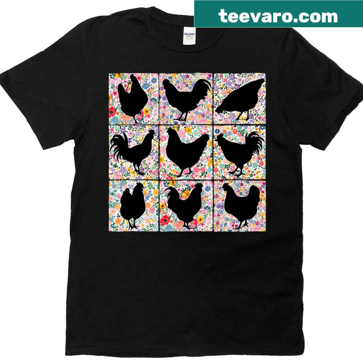 Whimsical chicken T-shirt featuring wildflowers for flower lovers. — on a men's t-shirt