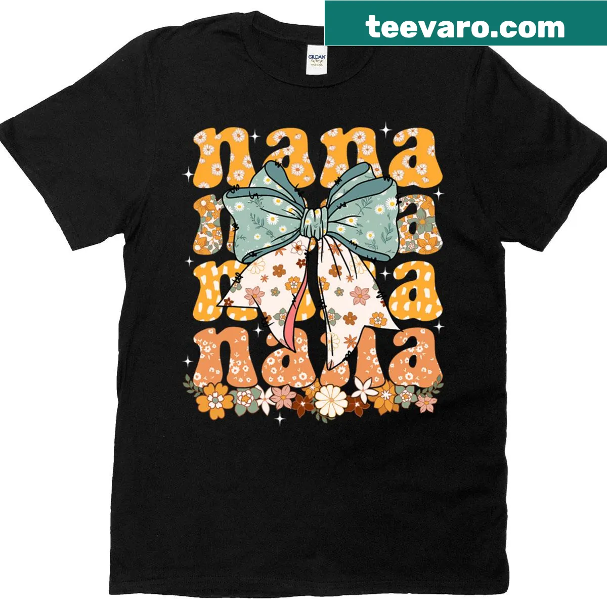 Floral cartoon T-shirt for grandmothers with bow design. — on a men's t-shirt