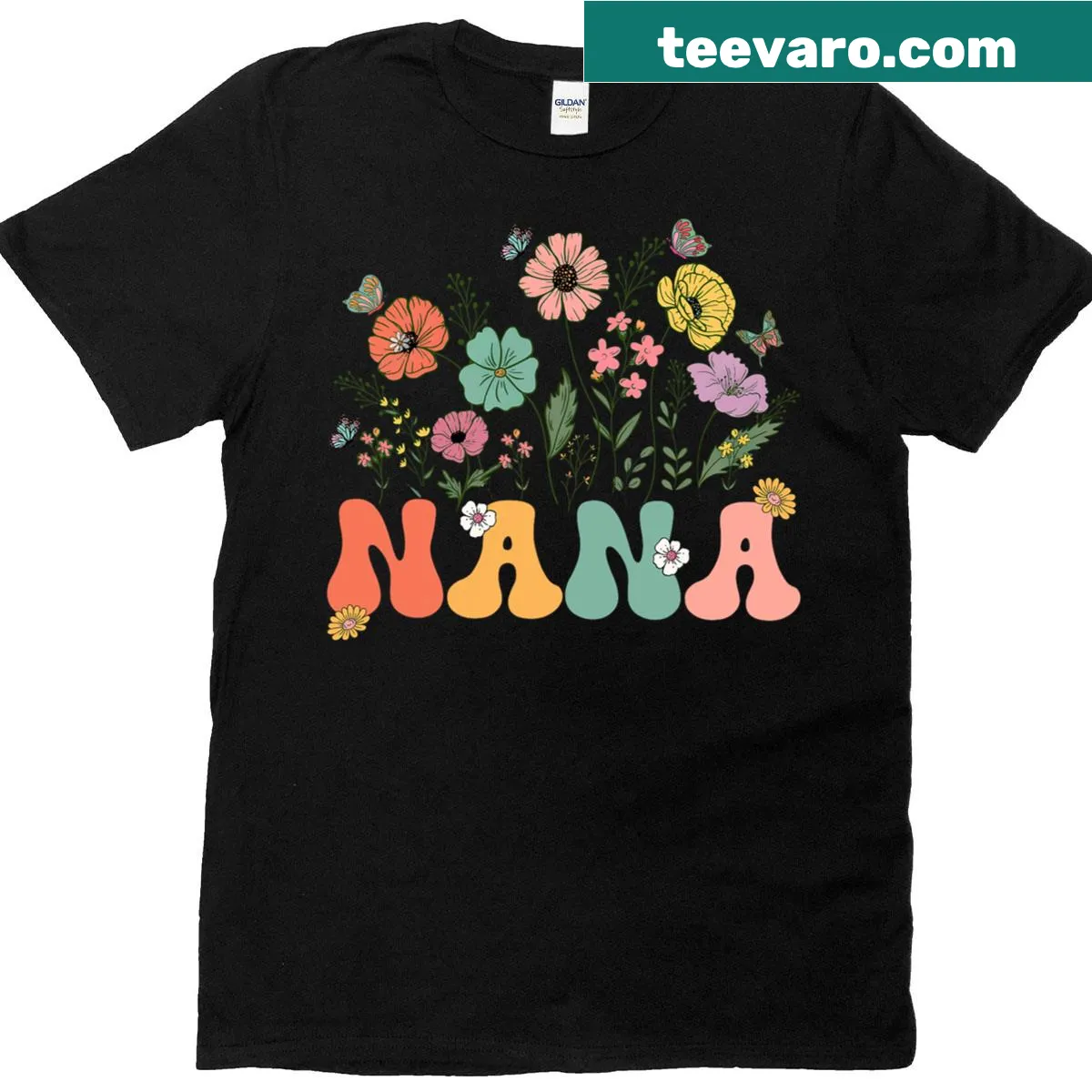 Floral design featuring the word 'Nana' for a grandmother. — on a men's t-shirt