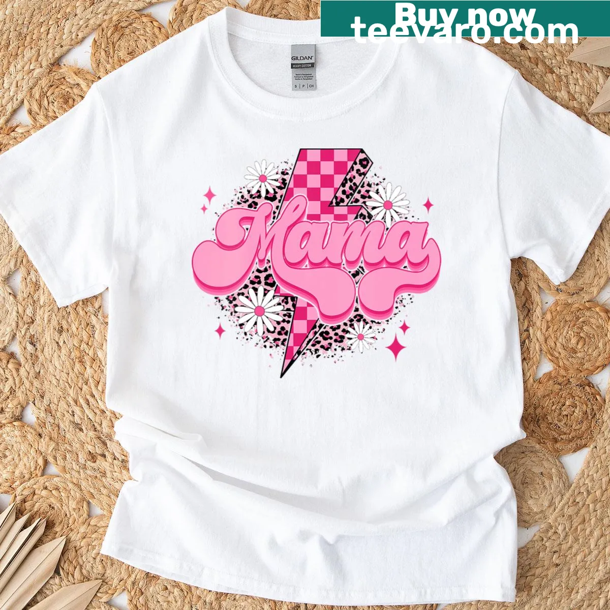 Groovy Mama T-shirt with leopard lightning bolt design — on a men's t-shirt