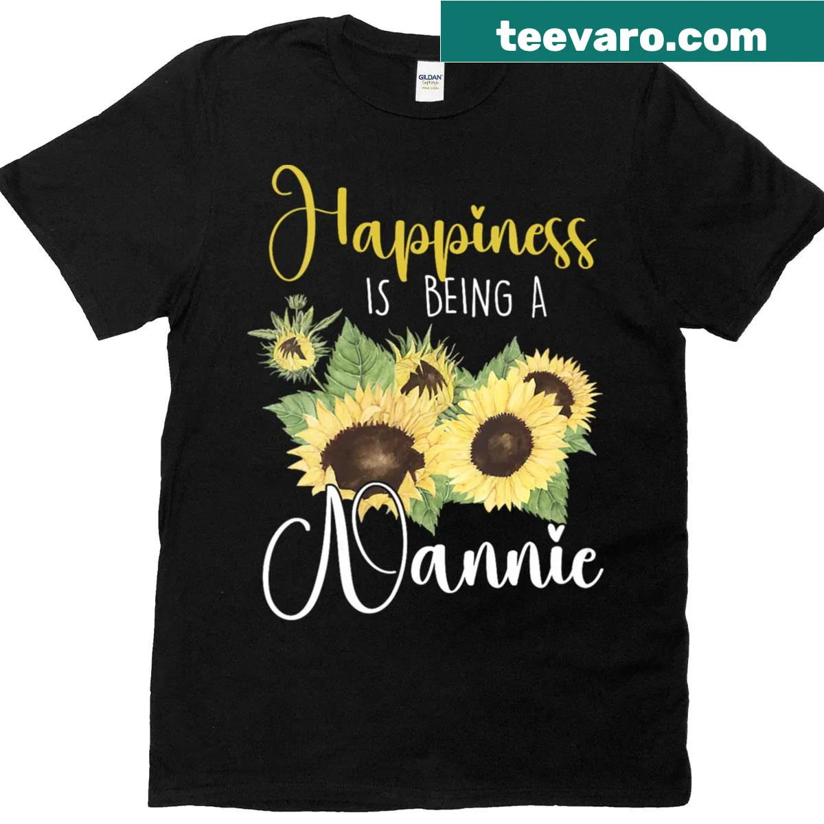 Sunflower graphic with text 'Happy Is Being A Nannie' on V-neck t-shirt — on a men's t-shirt
