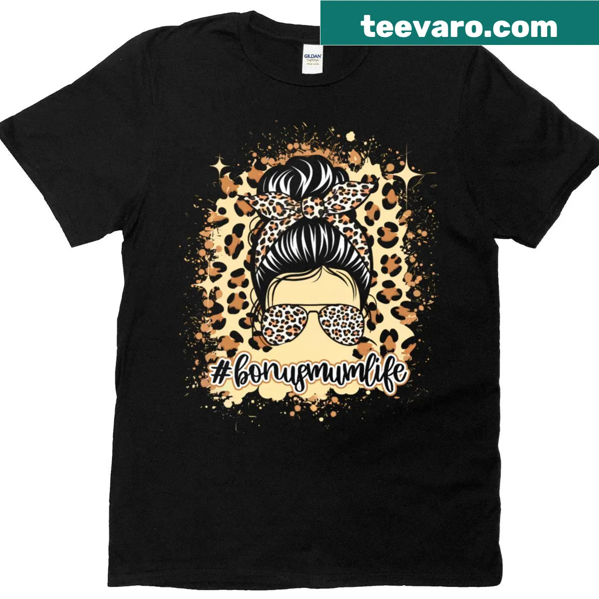 Leopard print design with 'Leopard Life Mum Bonus' text on t-shirt — on a men's t-shirt