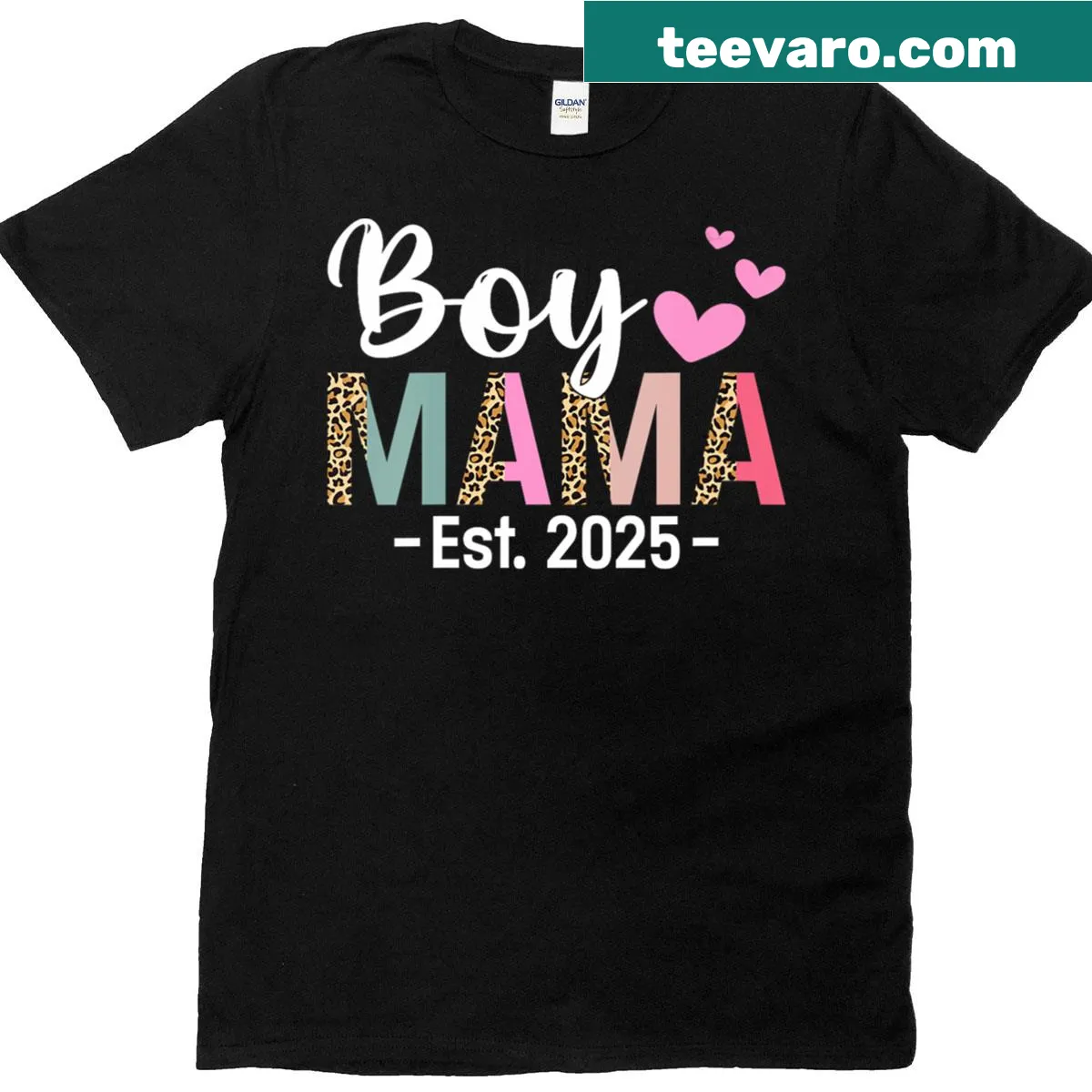 Leopard print with 'New Mom Est 2025' text — on a men's t-shirt