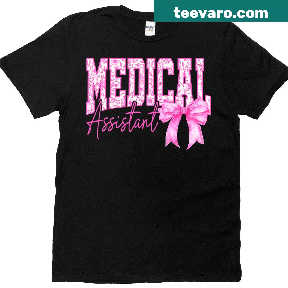 Retro Medical Assistant T-shirt with pink floral and bow design — on a men's t-shirt