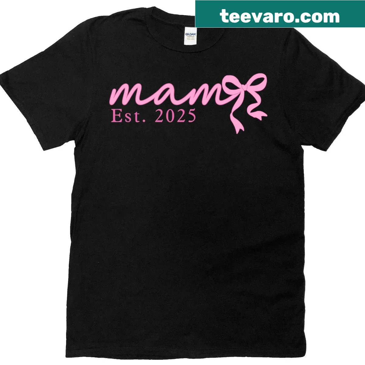 New Mom T-shirt with pink design 'Mama Est 2025' and bow — on a men's t-shirt